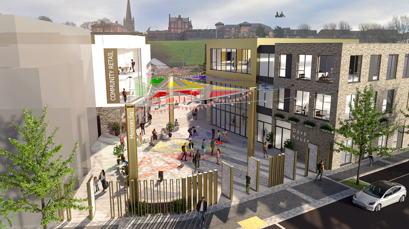 An aerial CGI view of the proposed development at Meenan Square