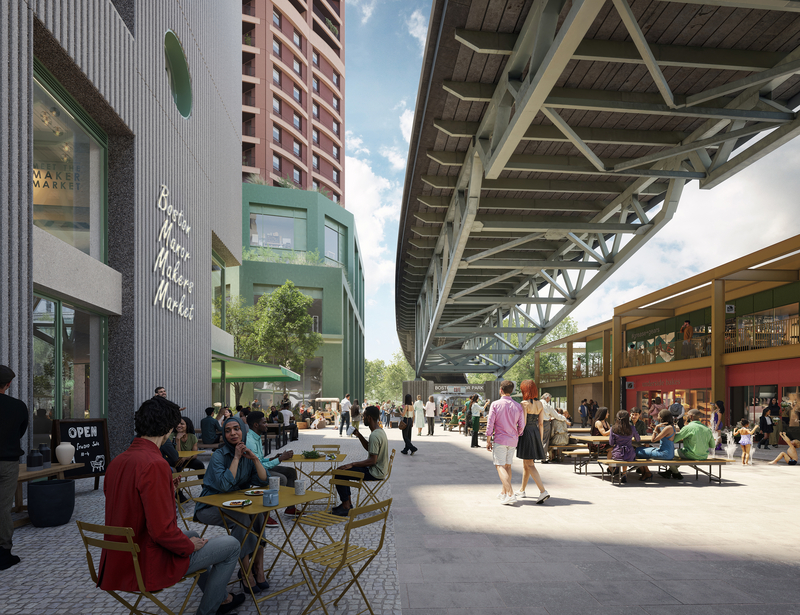 A reimagined public space beneath the elevated M4, home to a local maker market, pop-up retail, and community gathering spaces