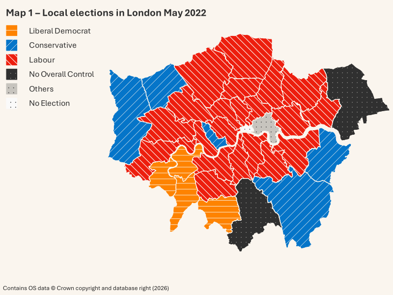 A map showing the results of the May 2022 local elections in London, with each borough labelled individually: Haringey – Labour, Hounslow – Labour, Islington – Labour, Kensington and Chelsea – Conservative, Kingston upon Thames – Liberal Democrat, Lambeth – Labour, Lewisham – Labour, Merton – Labour, Redbridge – Labour, Richmond upon Thames – Liberal Democrat, Sutton – Liberal Democrat, Waltham Forest – Labour, Wandsworth – Labour, Westminster – Labour, Southwark – Labour, Barnet – Labour, Enfield – Labour, Harrow – Conservative, Hillingdon – Conservative, Barking and Dagenham – Labour, Bexley – Conservative, Brent – Labour, Camden – Labour, Ealing – Labour, Greenwich – Labour, Hackney – Labour, Hammersmith and Fulham – Labour, City of London – No election, Bromley – Conservative, Newham – Labour, Croydon – No overall control, Havering – No overall control, and Tower Hamlets – Other