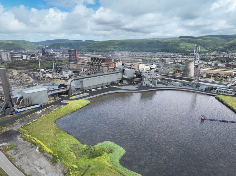 Artist’s impression of the extended steelplant in Port Talbot which will house the new Electric Arc Furnace and conveyor feeding scrap steel into the furnace.