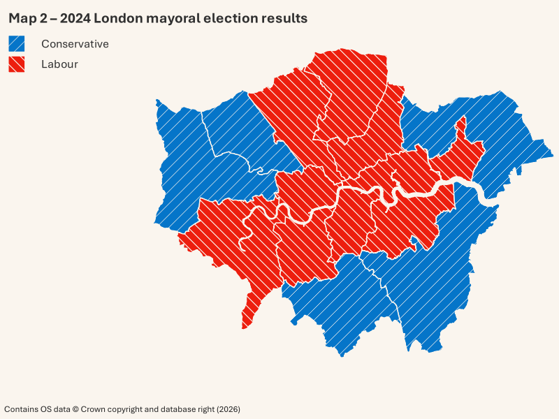 A map showing the May 2024 London mayoral election results: Barnet and Camden – Labour; Bexley and Bromley – Conservative; Brent and Harrow – Conservative; City and East – Labour; Croydon and Sutton – Conservative; Ealing and Hillingdon – Conservative; Enfield and Haringey – Labour; Greenwich and Lewisham – Labour; Havering and Redbridge – Conservative; Lambeth and Southwark – Labour; Merton and Wandsworth – Labour; North East – Labour; South West – Labour; and West Central – Labour.
